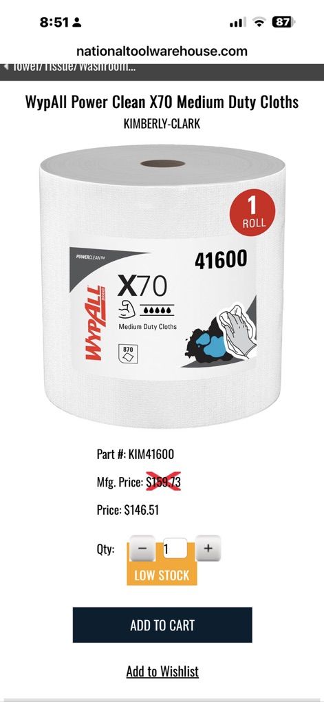 NEW ROLL WypAll Power  Clean X70 Medium Duty Wipes