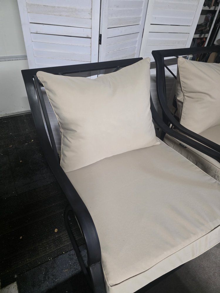 4 Outdoor Patio deck club Swivel Rocker Chairs with Beige Cushions - Black Metal Frame