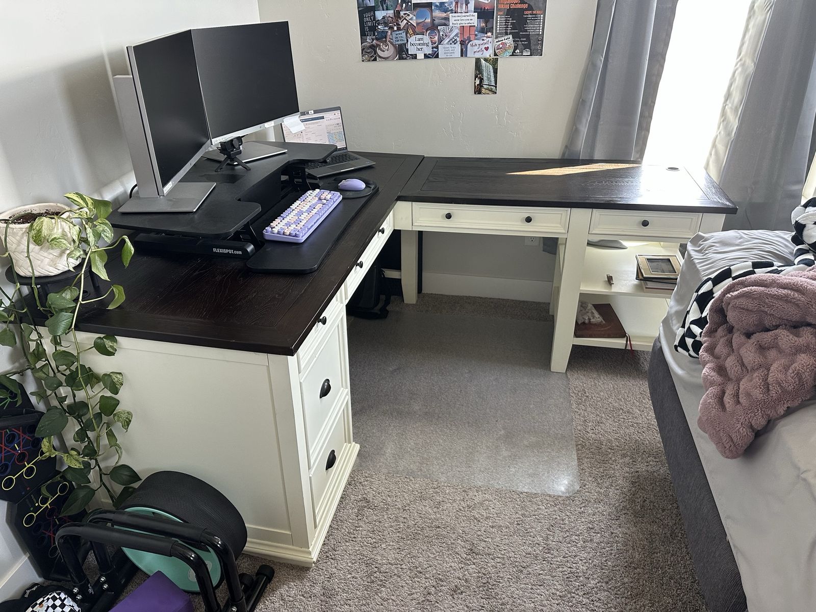 white and brown farm style corner desk - measurements below