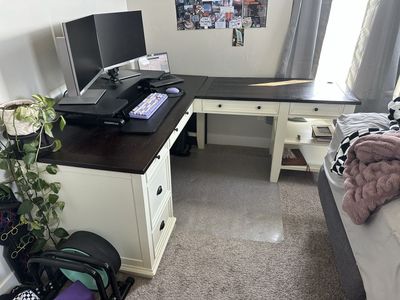 white and brown farm style corner desk - measurements below