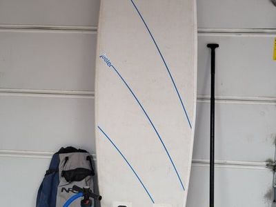 NRS Jester Inflatable Stand-Up Paddleboard (SUP) with Pump & Paddle, repair kit, leash,and pack to put it all in.