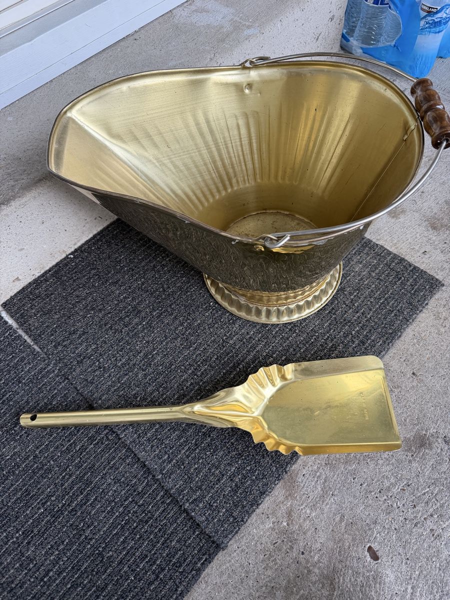 Vintage Brass Coal Scuttle Bucket with Matching Shovel and Wood Handle