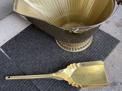Vintage Brass Coal Scuttle Bucket with Matching Shovel and Wood Handle