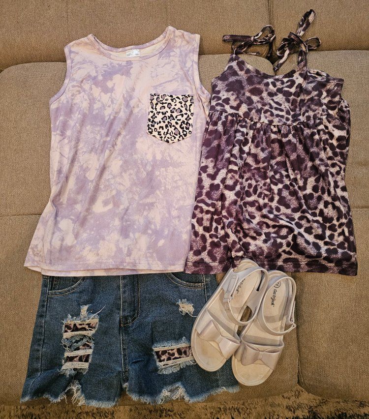 Girls 4-Piece Summer Outfit Lot Size 7 with Cat & Jack Sandals Size 12