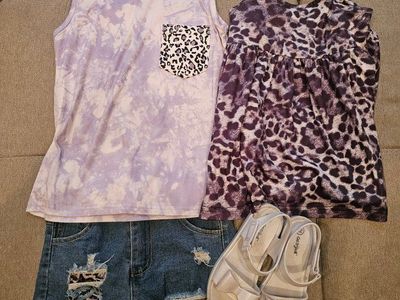 Girls 4-Piece Summer Outfit Lot Size 7 with Cat & Jack Sandals Size 12