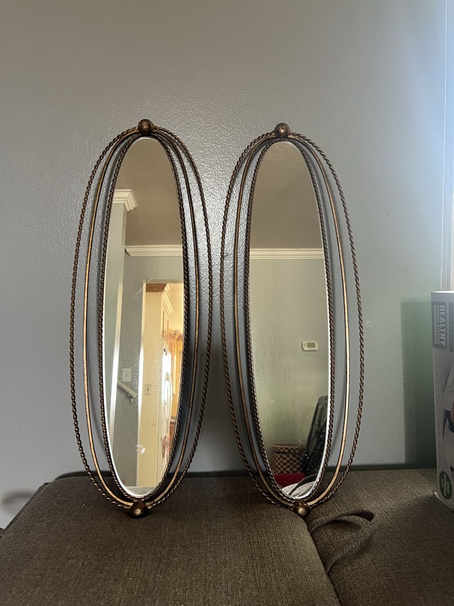 Vintage Brass Oval Rope Edge Wall Mirrors - Set of 2, Mid-Century Decor