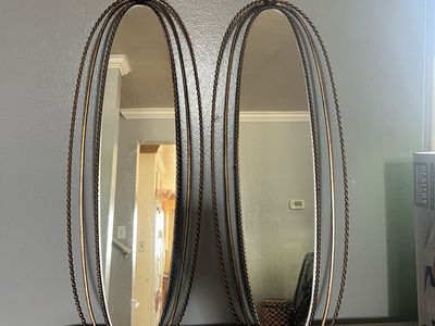 Vintage Brass Oval Rope Edge Wall Mirrors - Set of 2, Mid-Century Decor