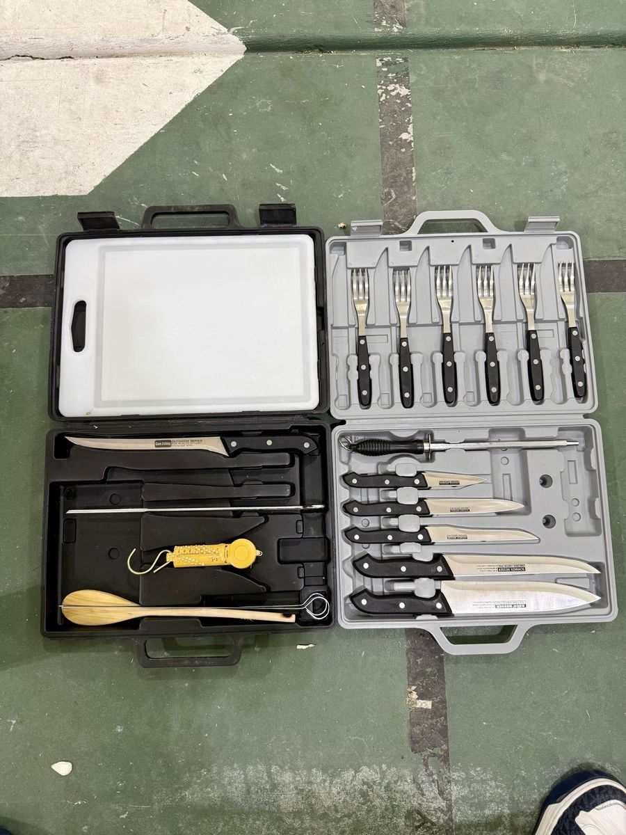 Camping 24-Piece Culinary Set w/ Knives, Forks, Tools & Cutting Board AND Gone Fishing set with things to filet and cook fish