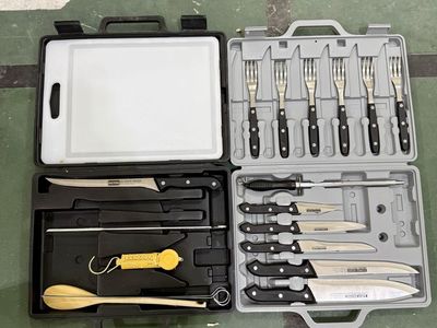 Camping 24-Piece Culinary Set w/ Knives, Forks, Tools & Cutting Board AND Gone Fishing set with things to filet and cook fish
