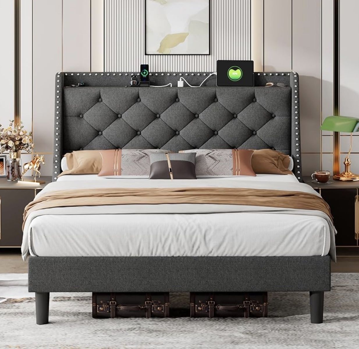 iPormis Queen Upholstered Platform Bed Frame with Wingback, Tufted Headboard & Charging Station, Dark Grey