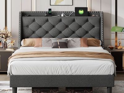 iPormis Queen Upholstered Platform Bed Frame with Wingback, Tufted Headboard & Charging Station, Dark Grey