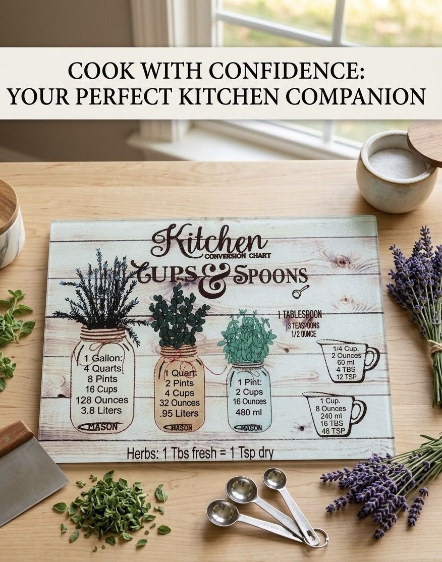 NEW-Glass Cutting Board with Kitchen Conversion Chart Mason Jar Design