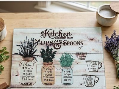 NEW-Glass Cutting Board with Kitchen Conversion Chart Mason Jar Design