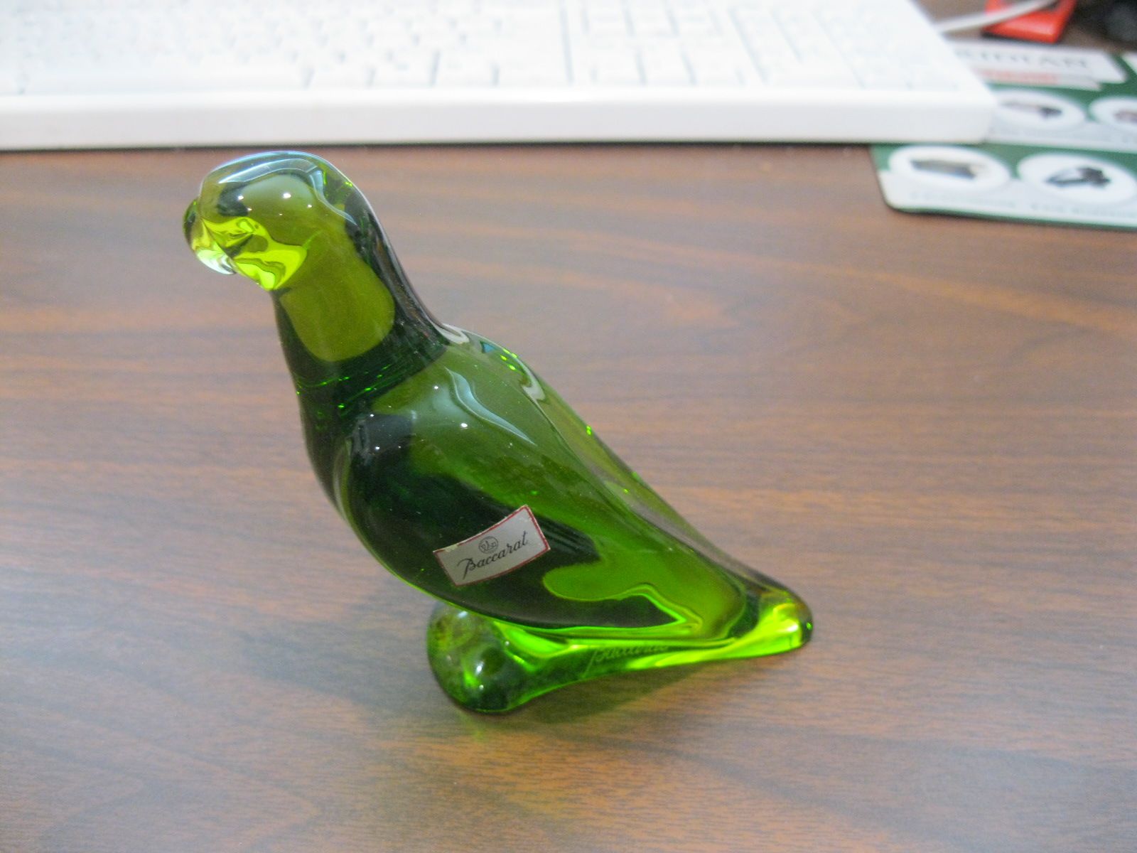 Baccarat France Crystal Green Glass Parrot Bird Paperweight Figurine