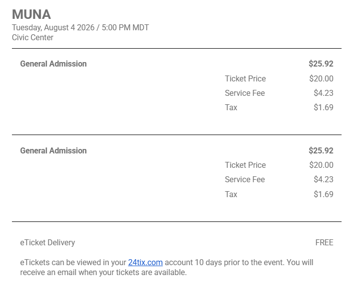 2 MUNA GA tickets SLC August 4