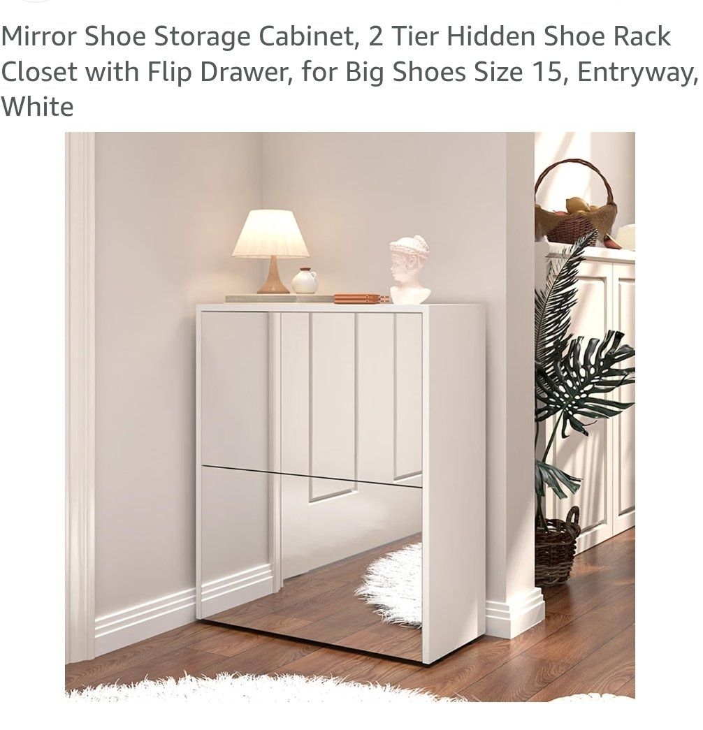 New 2-Tier Mirror Shoe Storage Cabinet Hidden Rack with Flip Drawer
