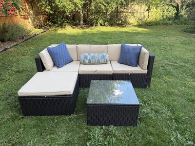 Outdoor Wicker Patio Conversation Set - Sectional Sofa, Ottoman & Coffee Table