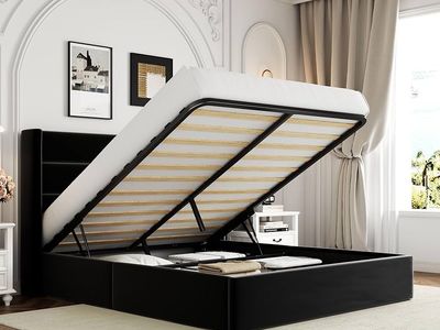 Full Size Black Bed Velvet Lift Up Storage