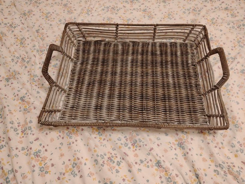 Rectangular Woven Wicker Serving Tray with Side Handles