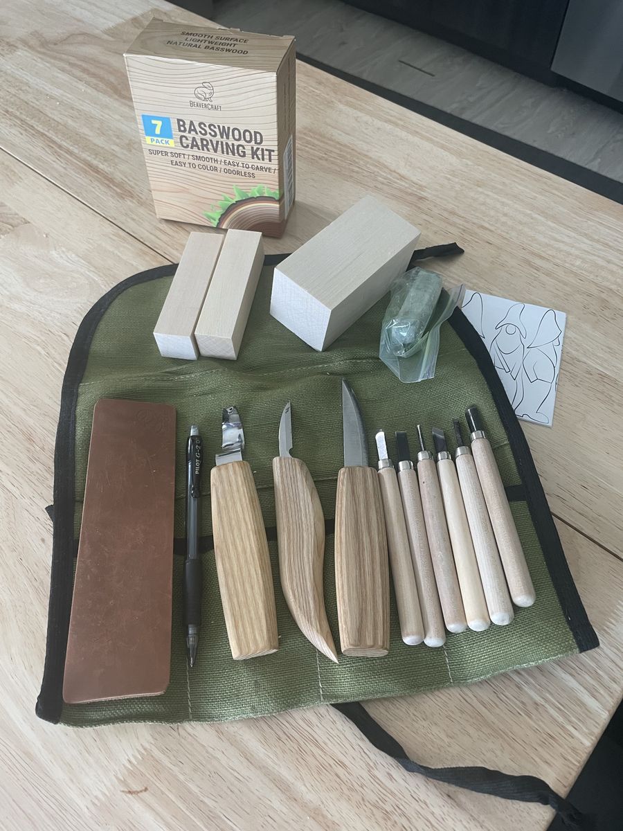BeaverCraft Wood Carving Kit with Whittling Knives, Gouges, Basswood Blocks & Canvas Roll