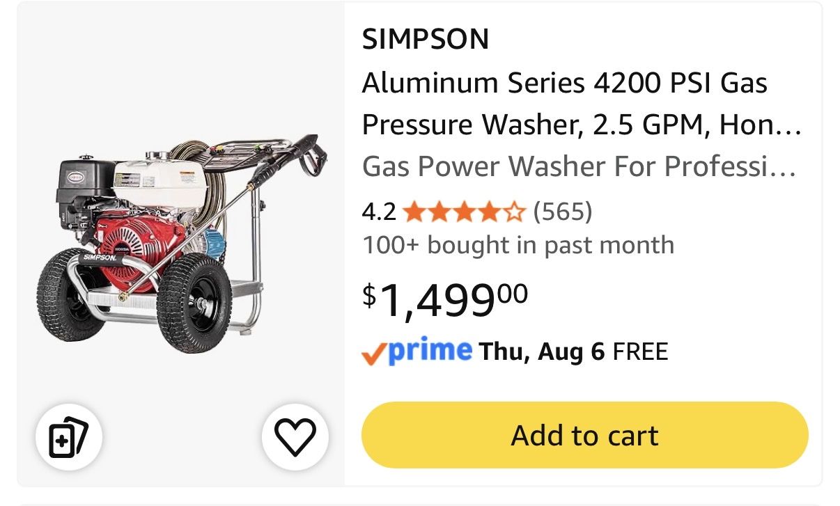 SIMPSON Aluminum Series 4200 PSI Gas Pressure Washer 2.5 GPM Honda Engine