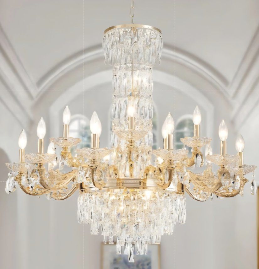 Gold Crystal Contemporary Chandelier Foyer Entryway Lighting, 2-Tier Large Foyer Entrance Chandeliers for High Ceiling Big Cryst