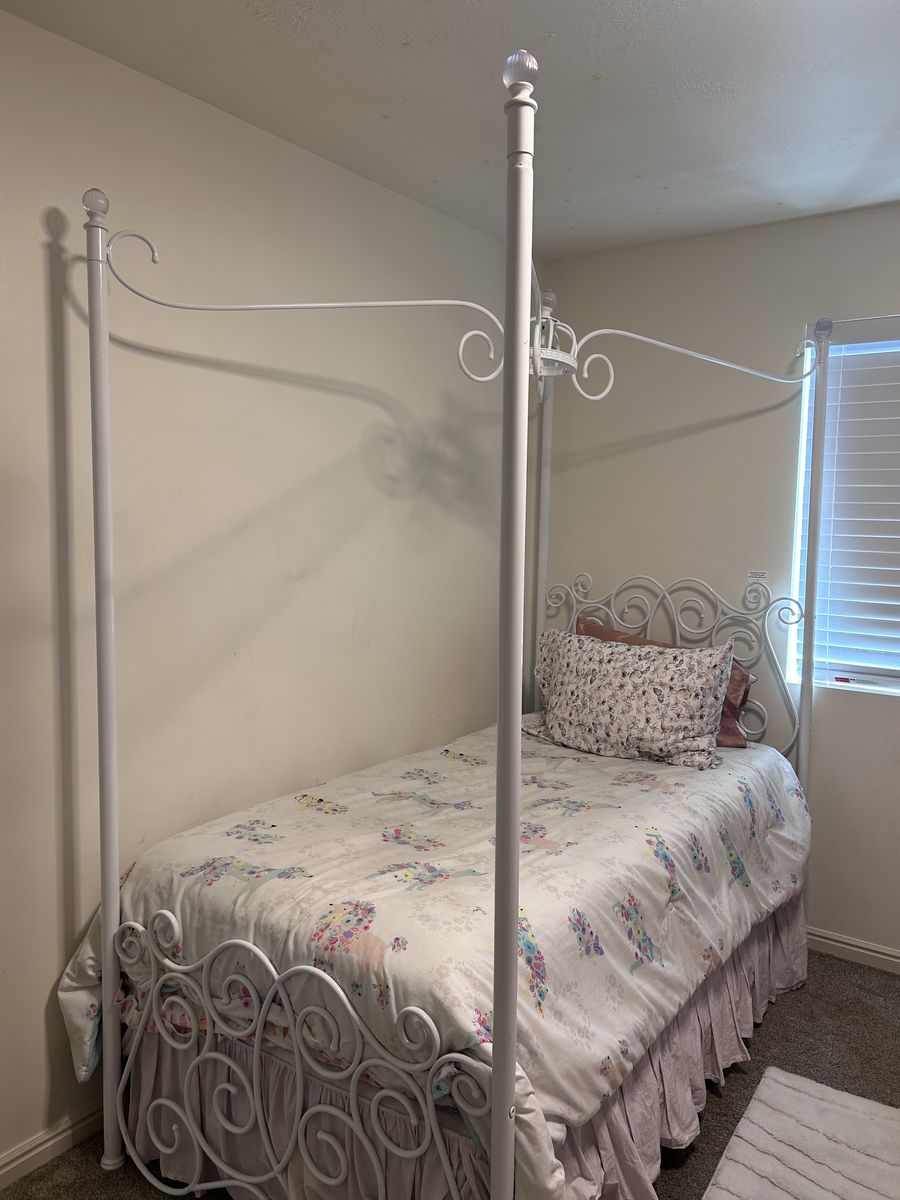 White Metal Canopy Bed Frame with Decorative Scrollwork