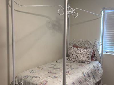 White Metal Canopy Bed Frame with Decorative Scrollwork