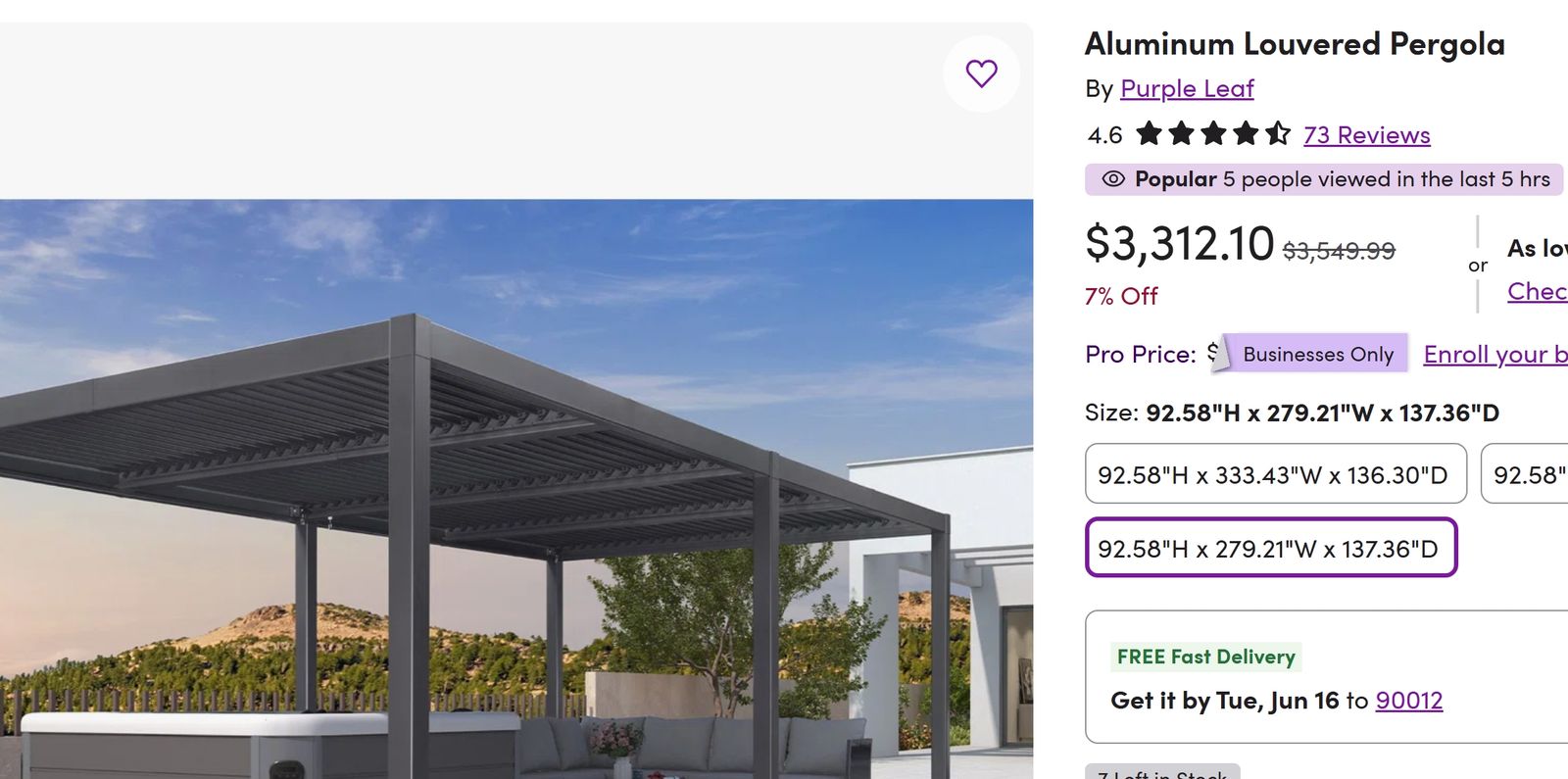 NEW in box, $3300 Wayfair Purple Leaf Aluminum Louvered Pergola - Grey 92.58 x 279.21 W x 137.36 D