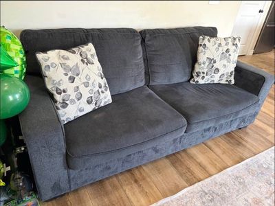 Dark Gray 2-Cushion Sofa with Leaf Print Pillows - Excellent Condition