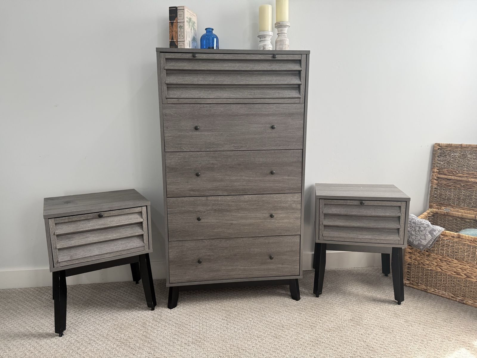 3 Piece Rustic Grey Bedroom Set ( Two nightstands and a tall dresser)
