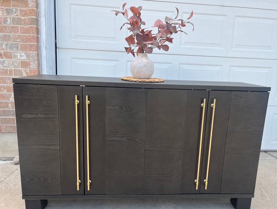 Brand New Modern Black Sideboard Buffet Cabinet w/ Gold Bar Handles!