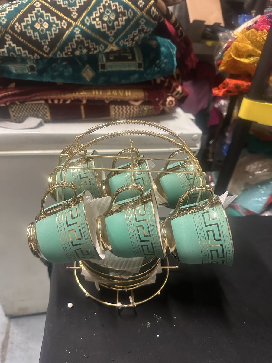 New 6-Piece Turquoise & Gold Geometric Pattern Teacup & Saucer Set with Rack