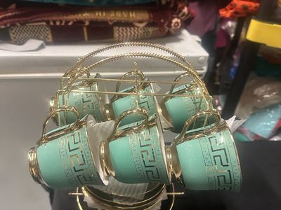 New 6-Piece Turquoise & Gold Geometric Pattern Teacup & Saucer Set with Rack