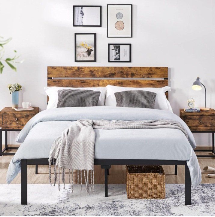 Full Size Metal Platform Bed Frame with Wood Headboard, 800lb Capacity