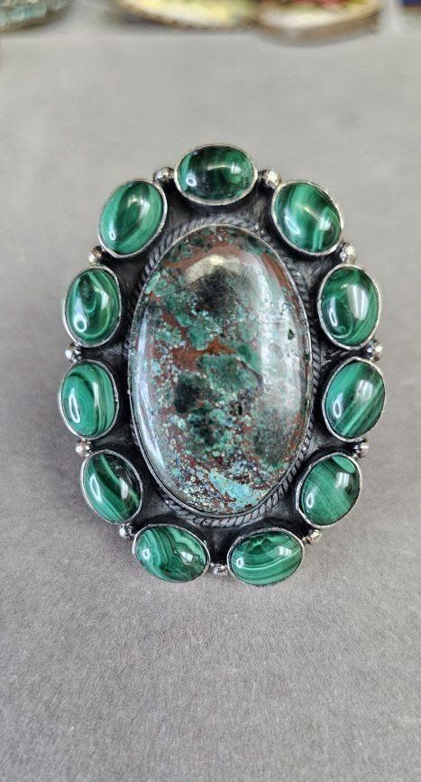 Sterling Silver Malachite and Azurite-Malachite Cluster Ring - Unique Gemstone Piece size 10.25.