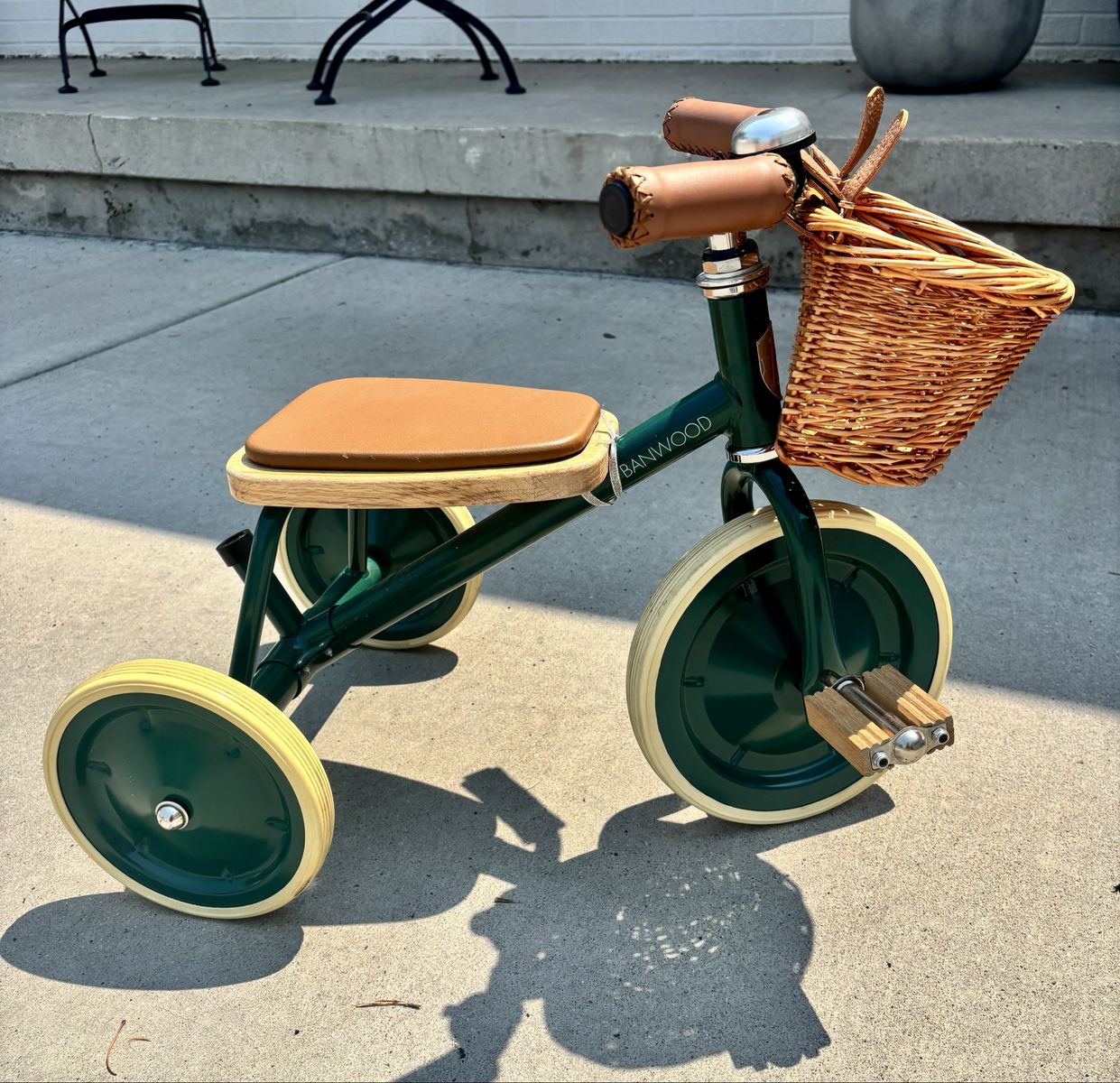 Banwood Trike Vintage Kids Tricycle in Green with Wicker Basket and Bell