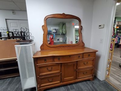 Vintage Solid Wood Dresser with Ornate Mirror