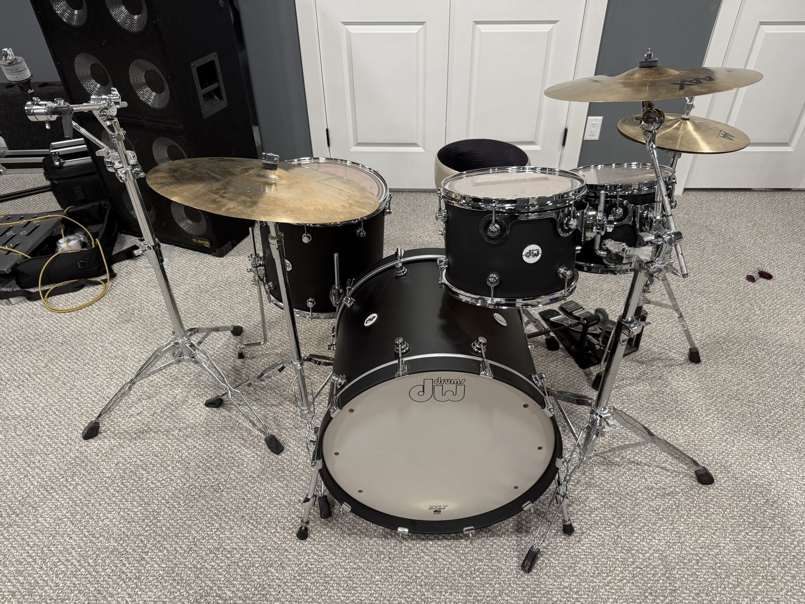 DW Design Series Drum Kit satin black with matching snare.   Cymbals, stands, double bass pedals