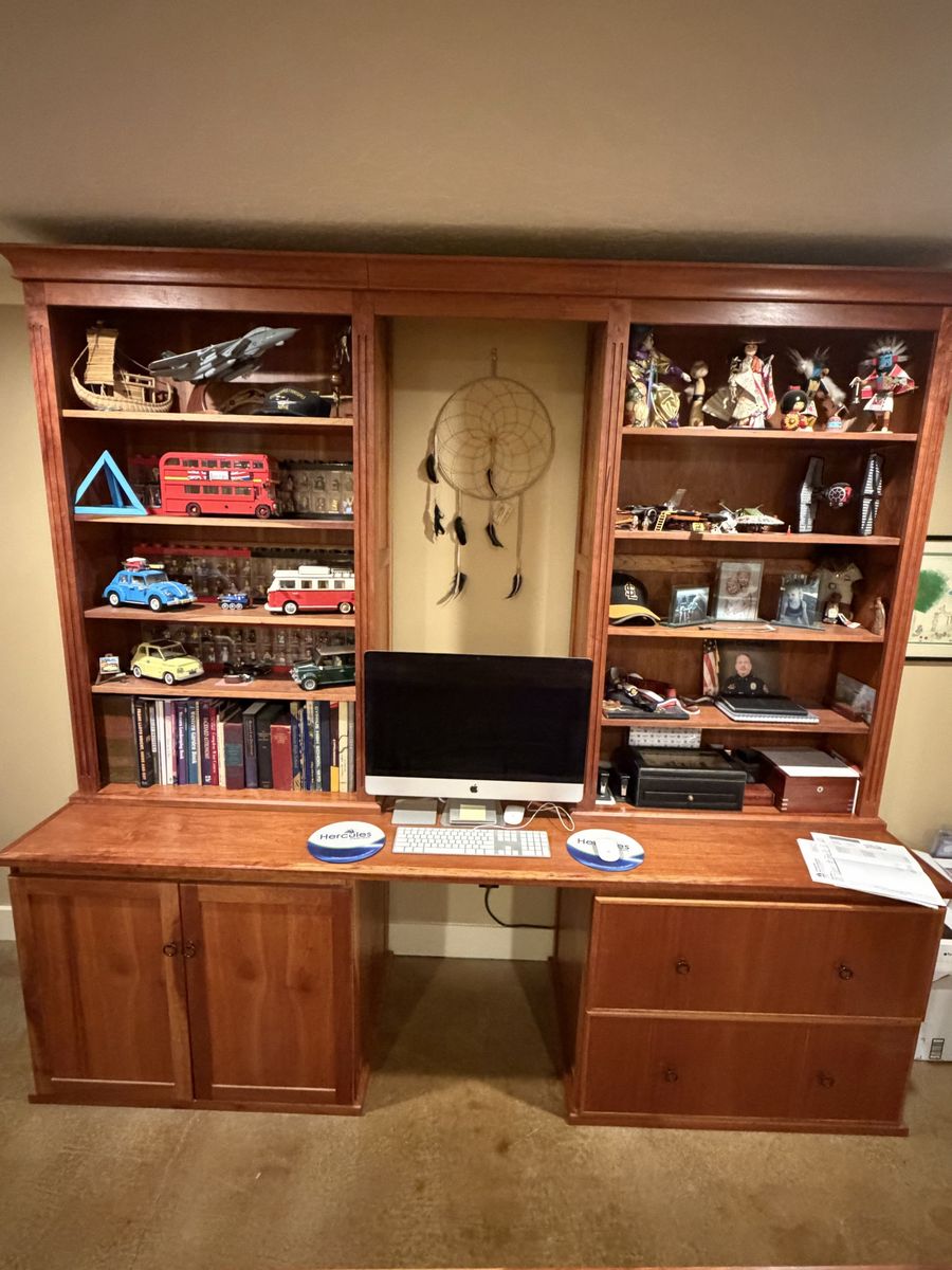 Custom Solid Wood Home Office Desk & Hutch with Storage and Display Shelves, Cherry Finish