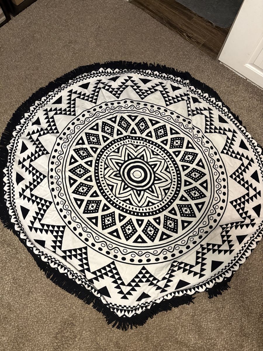 Black and White Round Mandala Tapestry Rug with Fringe
