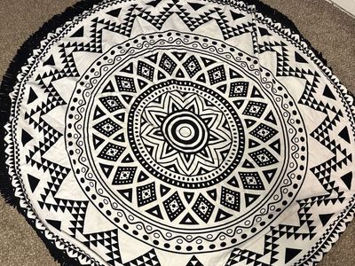 Black and White Round Mandala Tapestry Rug with Fringe