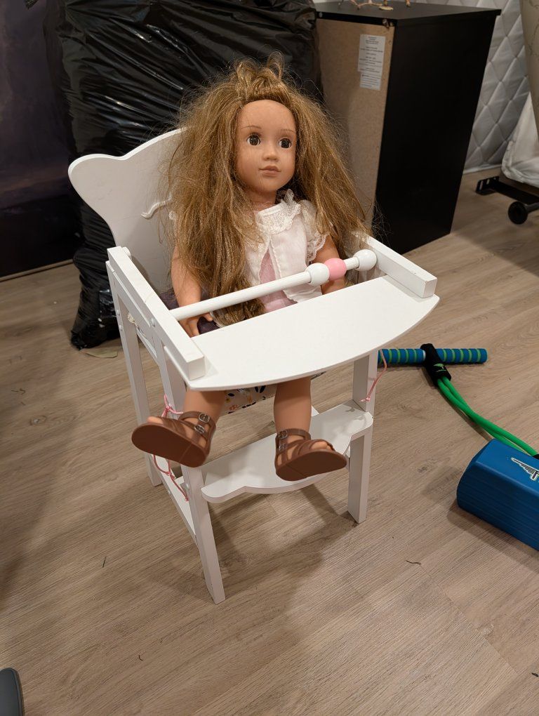 Our Generation Doll with White Wooden High Chair