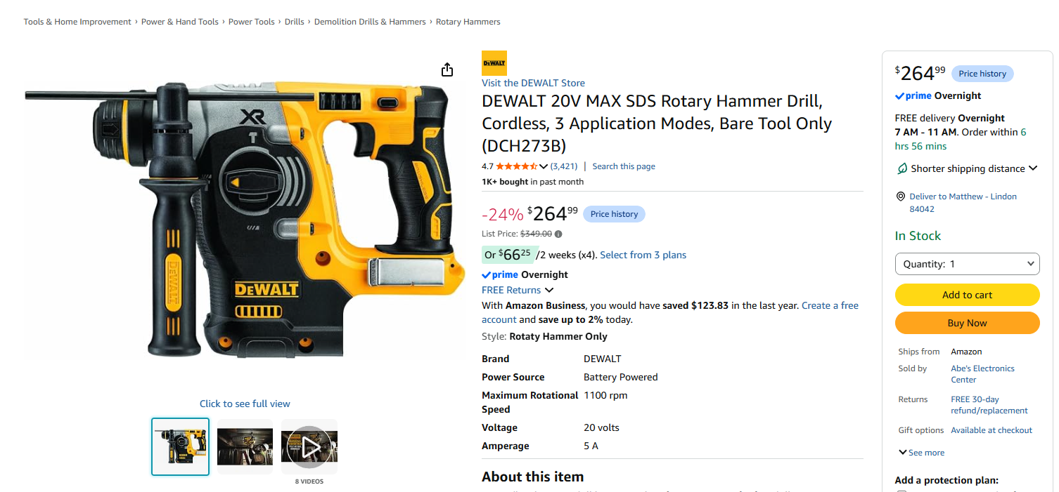 DEWALT 20V MAX SDS Rotary Hammer Drill, Cordless, 3 Application Modes, Bare Tool Only (DCH273B)