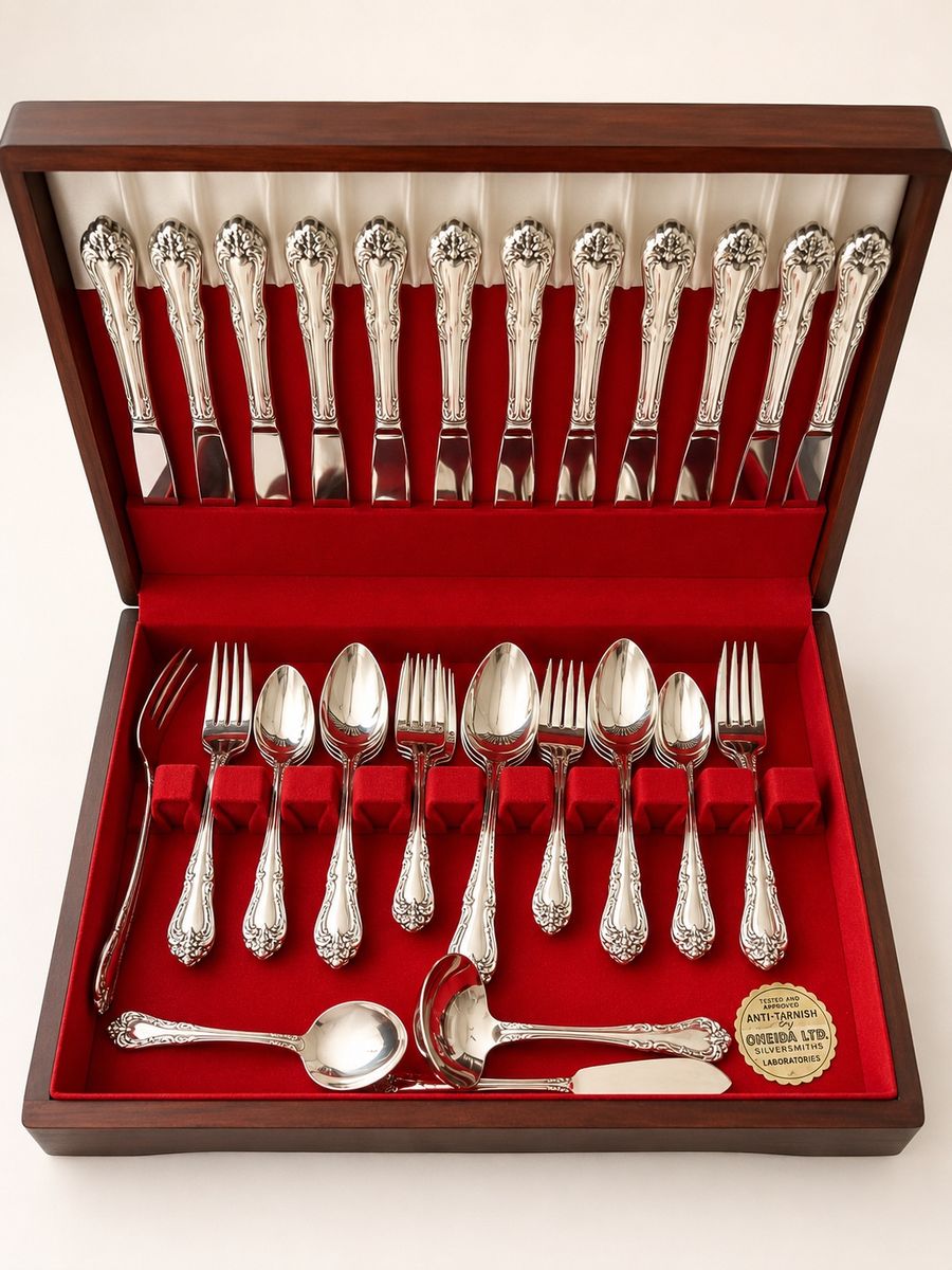 Vintage Oneida Community Modern Baroque Silverplate Flatware Set 64 Pc Ches