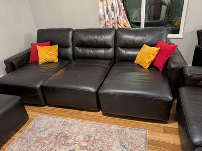 Black Leather Reclining Sectional Couch with Chaise Lounge -