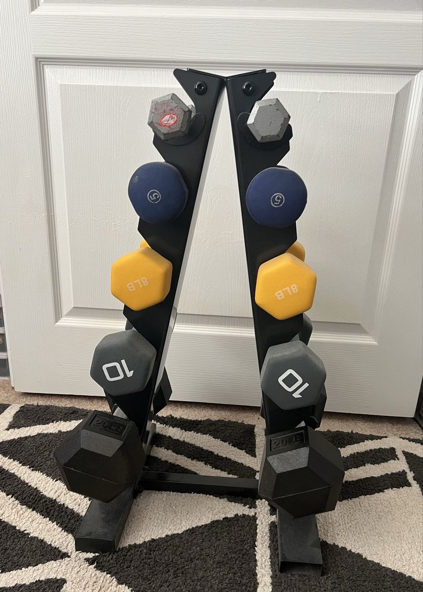 Dumbbell Set with A-Frame Rack - 5, 8, 10, 20 lbs Hex Rubber & Neoprene Weights.  3 lb’ers on top rung.