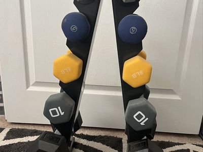 Dumbbell Set with A-Frame Rack - 5, 8, 10, 20 lbs Hex Rubber & Neoprene Weights. 3 lb’ers on top rung.
