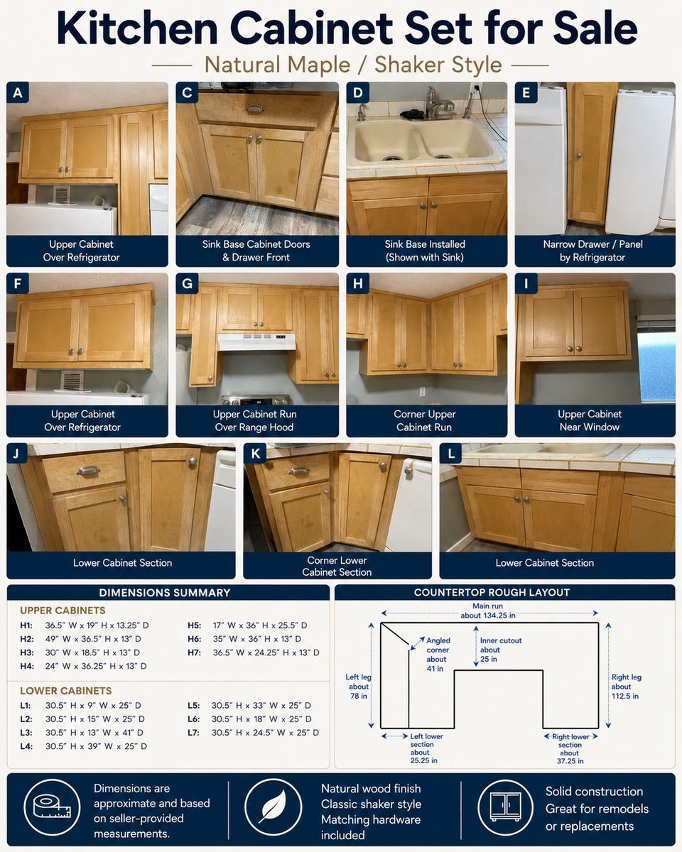 Natural Maple Shaker Kitchen Cabinet Set - Upper & Lower Cabinets, Solid Wood, Great for Remodels
