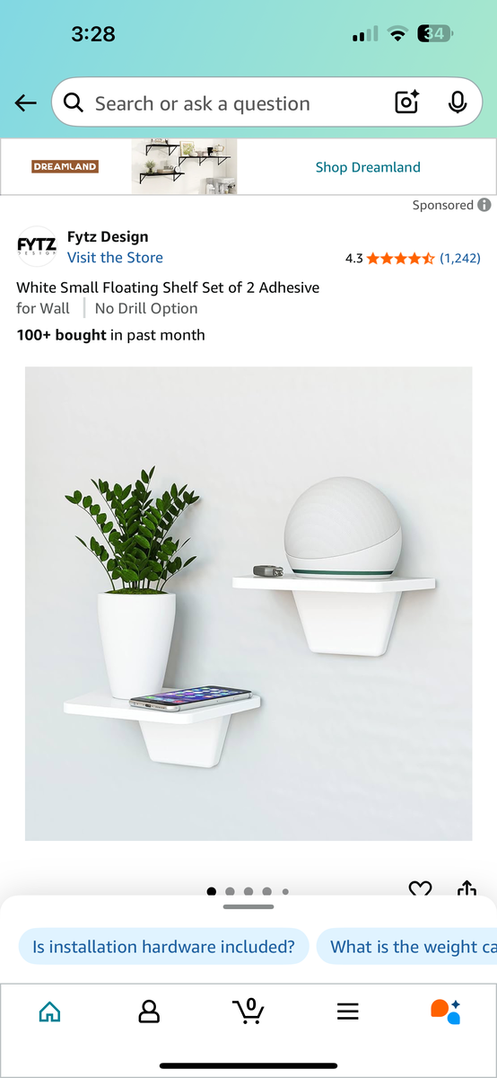 White Small Floating Shelf Set of 2 Adhesive for Wall — New